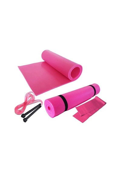 Pilates Minder Ve Mat Direnç Lastiği Ve Atlama Egzersiz İpi Kalınlık 7 Mm 3'lü Set Pembe Pembe