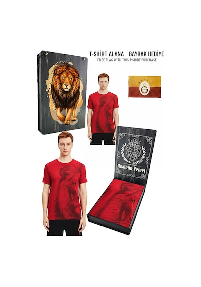 Gsstore Galatasaray Lisanslı Aslan Baskılı Sarı T-shirt Bayrak Ve Uv Kutu Hediyeli Kırmızı