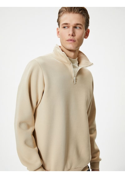 Koton Yarım Fermuarlı Sweatshirt Basic Dik Yaka Ribanalı Uzun Kollu Bej 4sam70002mk Ekru