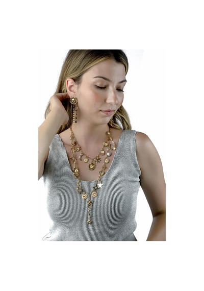 Astroloji Temalı Güneş & Ay İncili Bronz Kolye Altın