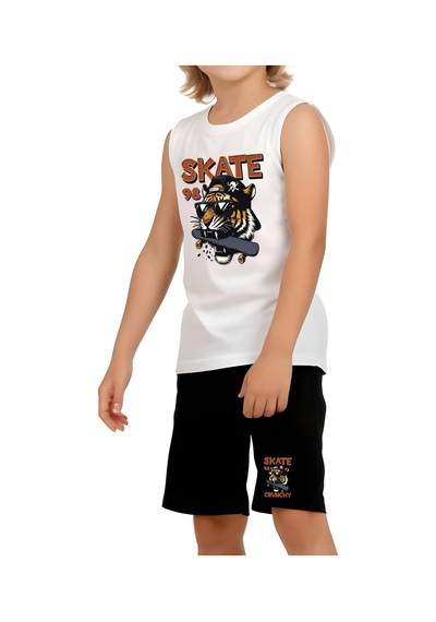 Fyk Kids Erkek Çocuk Baskılı Sıfır Kol Skate Crunch Alt-üst Takım Beyaz