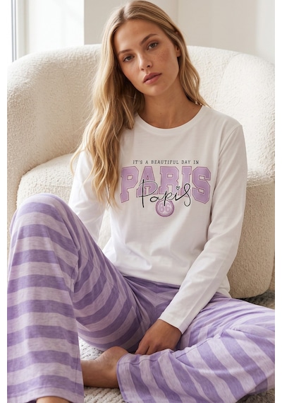 Siyah İnci Pamuklu Likralı Örme Pijama Takım 26240359 Beyaz