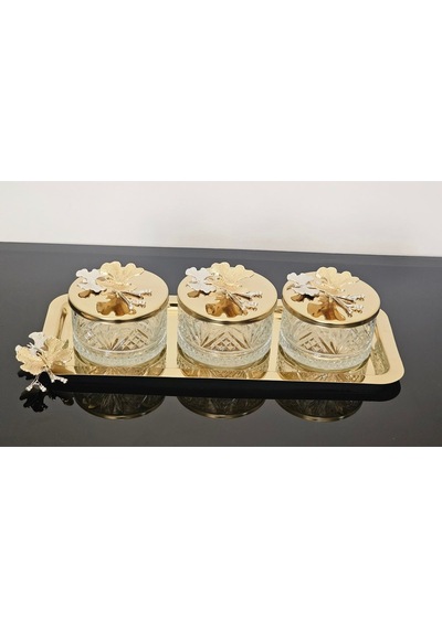 Atabey Home Collection 3'lü Kelebekli Gold Tepsili Kase Seti & Şekerlik & Sunumluk & Çerezlik