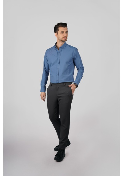 İndigo Yaka Düğmeli Premium Şamre Slimfit Erkek Gömlek Indigo