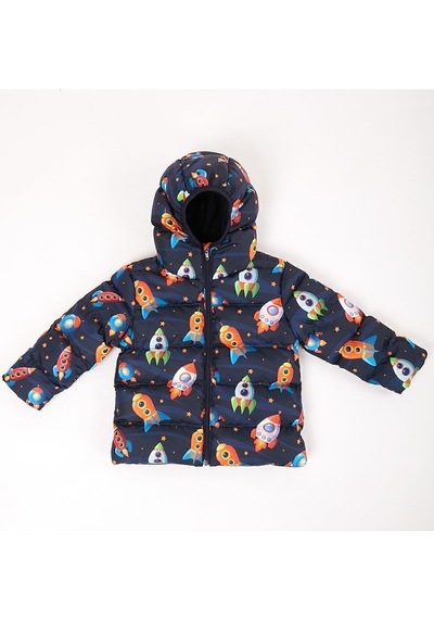 Spor Kız Çocuk Polarlı Kürklü Kapüşonlu Roket Desenli Şişme Mont Parka-98 Lacivert