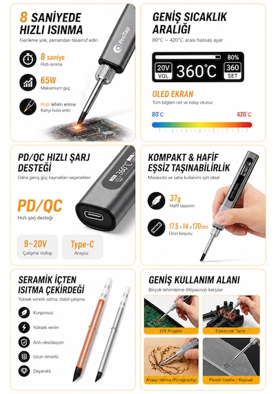 Protap 65w Akıllı Lehim Makinesi Oled Ekranlı Ayarlanabilir 80-420 C Pd/qc Type-c Giriş Taşınabilir Hassas Havya