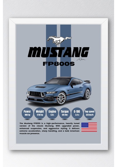 Mustang Fp800s Araba Tablosu - Teknik Özellikli Otomobil Poster - Çerçeveli Duvar Dekoru Beyaz