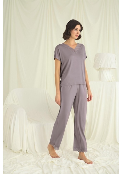Monamise Kadın Kısa Kollu V Yakalı Dantelli Pijama Takımı 18638 Gri