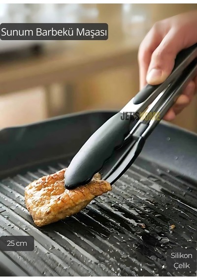 Sunum Maşası Barbekü Maşası Mangal Maşa Silikon Salata Maşası Siyah 25 Cm