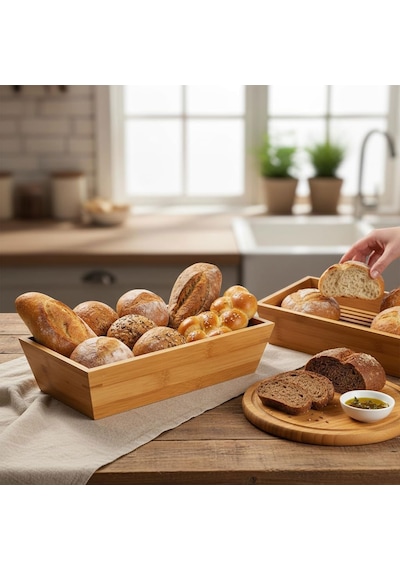 Lexroo Bambu Ekmek Sepeti Ve Sunumluk Doğal Ahşap Modern Meyve, Sebze Ve Servis Sepeti Çok Renkli