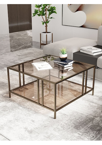 Dekoport Bakü Orta Sehpa Prinç Eskitme Rengi Bronz Cam 75 75 Çift Camlı Orta Sehpa Eskitme