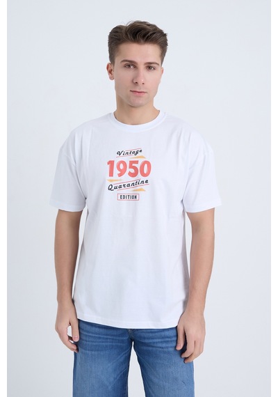 Erkek Oversize Baskılı T-shirt Beyaz 1950 Beyaz