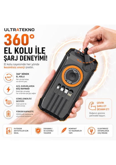Ultratekno Fc-20 Solar Powerbank 20000 Mah 22.5w Hızlı Şarj Kablosuz Şarj El Kranklı Led Fenerli Taşınabilir Güç Bankası Siyah - Turuncu
