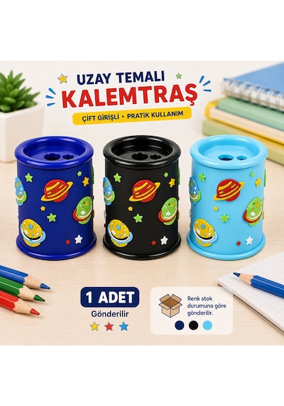 Bakgelal Uzay Temalı Çift Delikli Kalemtraş Hazneli Masaüstü Kalem Açacağı Çocuk Okul Kırtasiye Ürünü 1 Adet - 9004620228050