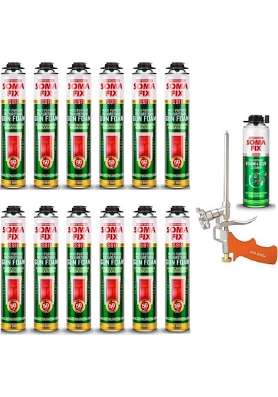 12 Adet 750 Ml Somafix Tabancalı Poliüretan Çelik Kapı Dolgu Köpüğü Köpük Tabancası Köpük Temizleyicisi Seti