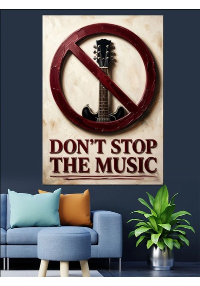 Gitar Yasak İşaretli Müzik Protestosu Dekoratif Kanvas - Mdf Ahşap Tablo Çok Renkli