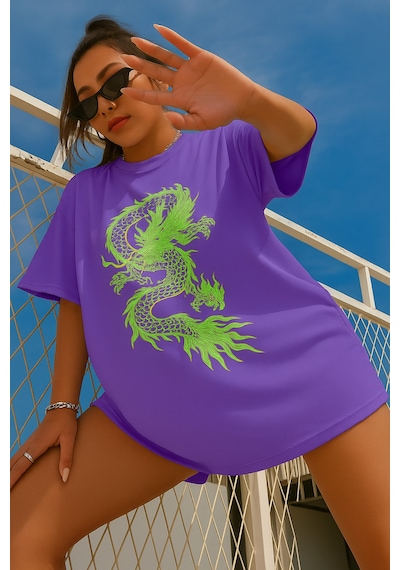 Ejderha Baskılı Oversize T-shirt Mor