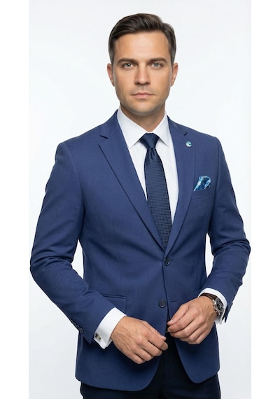 Plus Scorpion Erkek Slim Fit Ceket Likralı Fitilli Kumaş, Çift Düğmeli Tek Yırtmaçlı Modern Tasarım Mavi