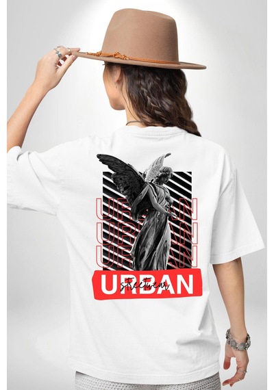 Şehir Sokak Stili Melek Heykeli Beyaz Oversize Unisex Ön Ve Sırt Baskılı Tişört Beyaz