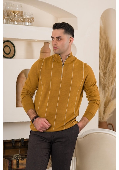 San&fa Çizgili Balıkcı Yaka Fermuarlı Regular Fit Erkek Triko Kazak