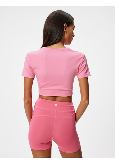 Koton Crop Spor Tişört Slim Fit Bisiklet Yaka Katlı Kısa Kollu Pembe 4sak10284nk Gül