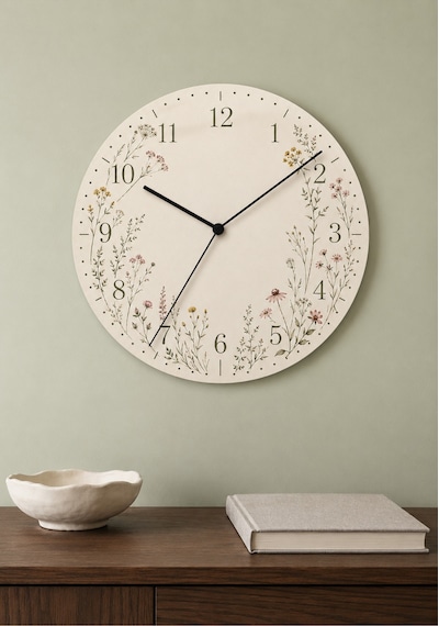 AA Shop Dekoratif Baskılı Ahşap Botanik Desenli Duvar Saati Sessiz Akar Mekanizmalı Modern Çiçek Ve Yaprak 825 Çoklu Renkli