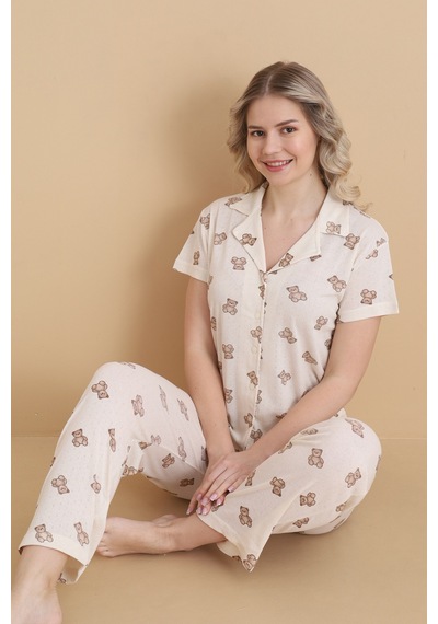 Wordex Mirano 1707 Ayıcık Desenli Pointel İnce Kumaş Düğmeli Kısa Kollu Kadın Pijama Takımı Ekru Wordex Mirano 1707 Ayıcık Desenli Pointel İnce Kumaş Düğmeli Kısa Kollu Kadın Pijama Takımı Ekru