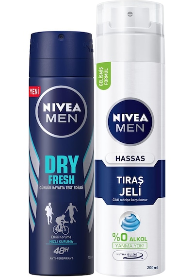 Nivea Dry Fresh Erkek Sprey Deodorant 150 ML + Hassas Ciltler Tıraş Jeli 200 ML