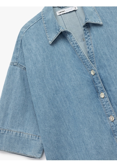 Koton Oversize V Yaka Pamuklu Yarım Kollu Jean Gömlek Açık İndigo 7wal60001md