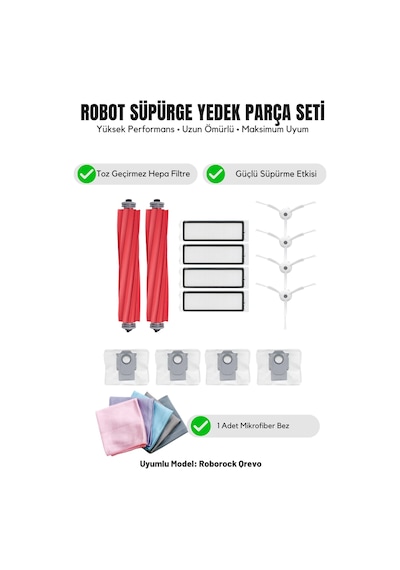 Roborock Qrevo İle Uyumlu 2 Ana Fırça 4 Beyaz Yan Fırça 4 Filtre 4 Toz Torbası 1 Temizlik Bezi 16.0