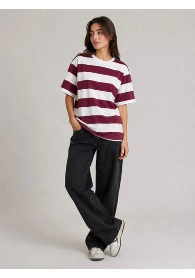 Freedom Storee Kadın Çizgili Oversize Tişört Bisiklet Yaka Kısa Kol Yazlık T-shirt - Bordo Çok Renkli