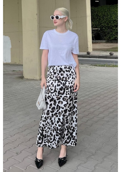 Madmext Beyaz Leopar Desenli Midi Boy Saten Etek Mg2079 Beyaz