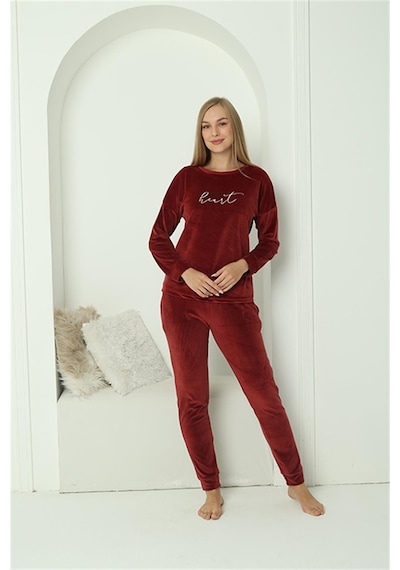 Akbeniz Kadın Kadife Bordo Pijama Takım 20624 - S Bordo
