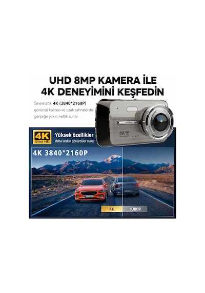 4k Ultra Hd Wifi Araç Kamerası Ön 4k Arka 1080p 7/24 Park Modu G-sensör Park Kiti Hediye