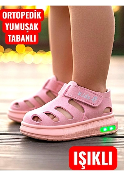Ellaboni Işıklı Cırt Cırtlı Kız Çocuk Beyaz Yumuşak Ortopedik Taban Spor Sandalet Terlik Pudra Ellaboni Işıklı Cırt Cırtlı Kız Çocuk Beyaz Yumuşak Ortopedik Taban Spor Sandalet Terlik Pudra