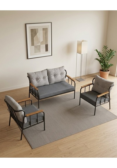 Paris 2+1+1 Metal Balkon Takımı Keten Dokulu Kumaş Siyah Metal - Bahçe Teras Oturma Grubu