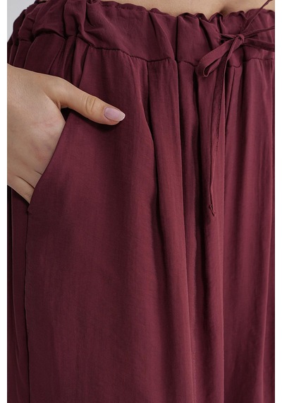 Mixray 4627 Kadın Bol Paça Beli Pileli Palazzo Geniş Kalıp Pantolon Bordo