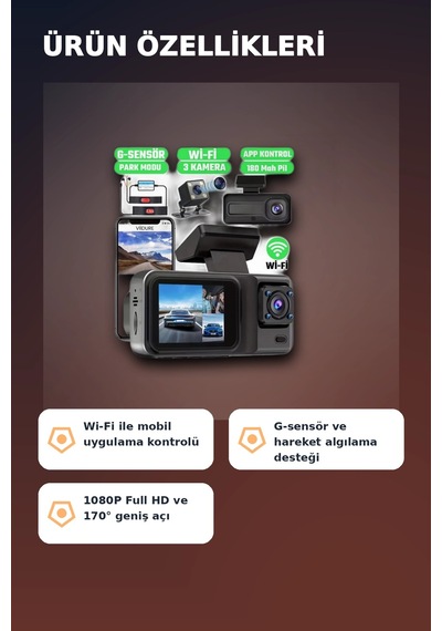 1080p Full Hd 3 Kameralı Wi-fi Destekli Araç İçi Yol Kayıt Kamerası 170 Derece Geniş Açı