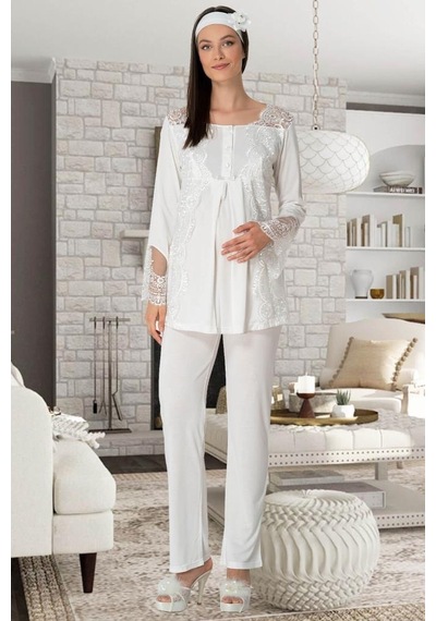 Mecit Pijama Mecit 5355 Bayan Hamile Lohusa Ekru Sabahlık Gecelik Pijama Takım 001