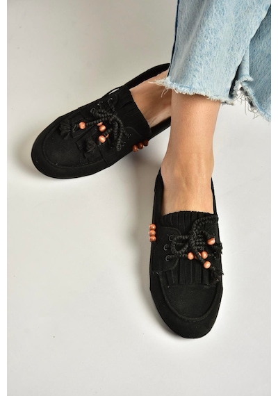 Fox Shoes Y602426202 Siyah Süet Boncuk Detaylı Günlük Kadın Ayakkabı Siyah