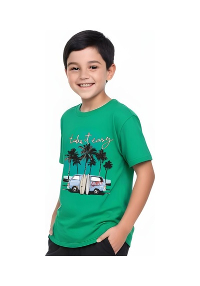 Panios Kids Summer Van Baskılı Erkek Çocuk Yuvarlak Yaka Kısa Kollu T-shirt Yeşil