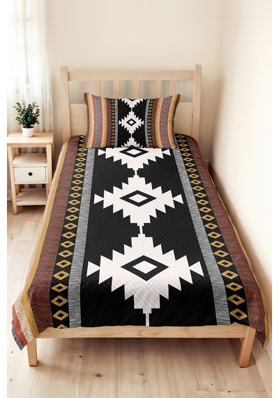 Etnik Geometrik Siyah Tek Kişilik Pike Takımı - Bohem Hardal Kiremit 160x220 Cm Yatak Örtüsü Kırık Amber Pususu