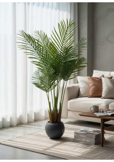 Yapay Ağaç Areka Ağacı Palmiye Ağacı Antrasit Küre Saksıda 140cm Salon Bitkisi Yeşil