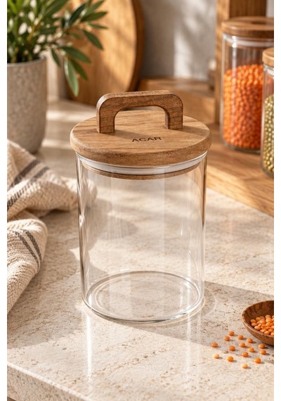 Atbyhome 9'lu Kulplu Akasya Kapaklı Borosilikat Cam Kavanoz Seti 900 Ml - Vakumlu Erzak Bakliyat Kabı Ahşap - Şeffaf