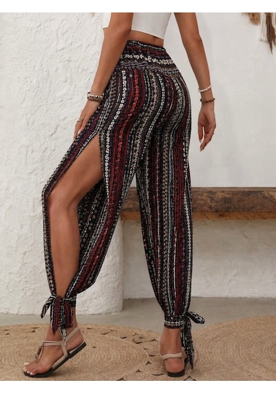 Efnaz Style Kadın Yüksek Bel Desenli Paçadan Bağlamalı Yanları Yırtmaçlı Süprem Pantolon kahve