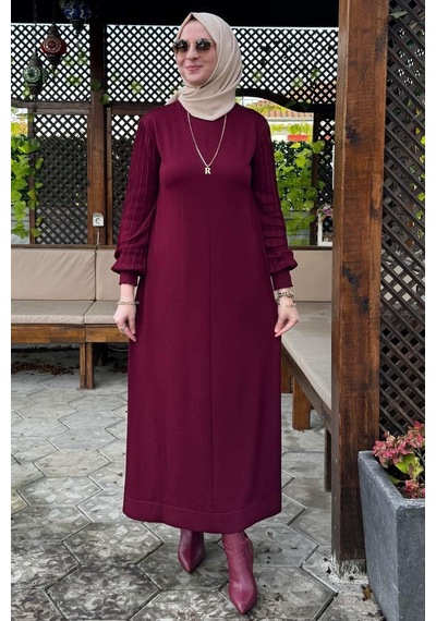 Rabia Şamlı Ecem Bordo Triko Elbise Normal