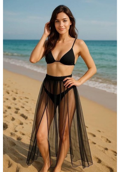 Ang Butik Kadın Siyah Kadın Tül Pareo Etek Plaj Elbisesi