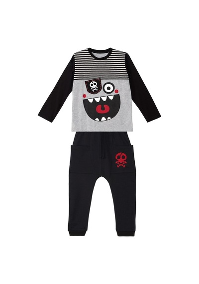 Denokids Çizgili Korsan Erkek Çocuk Gri T-shirt Siyah Pantolon Takım Gri - Siyah