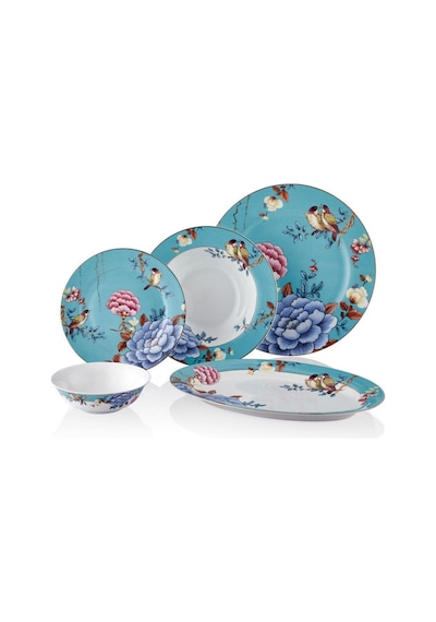 Floral Blue Porselen 27 Parça 6 Kişilik Yemek Takımı Kayık Tabaklı