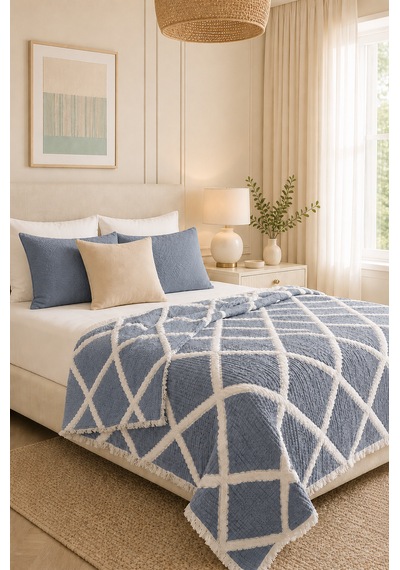 Premium Geometrik Kare Desenli %100 Pamuk Müslin Çift Taraflı Yatak Örtüsü Pike 220x240 Çift Kişilik İndigo